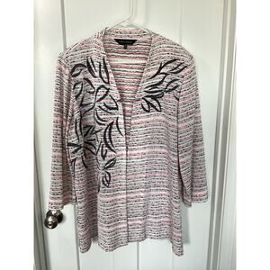 Ming Wang Women's Striped Floral Knit Cardigan Jacket Winter White Black Size 2X